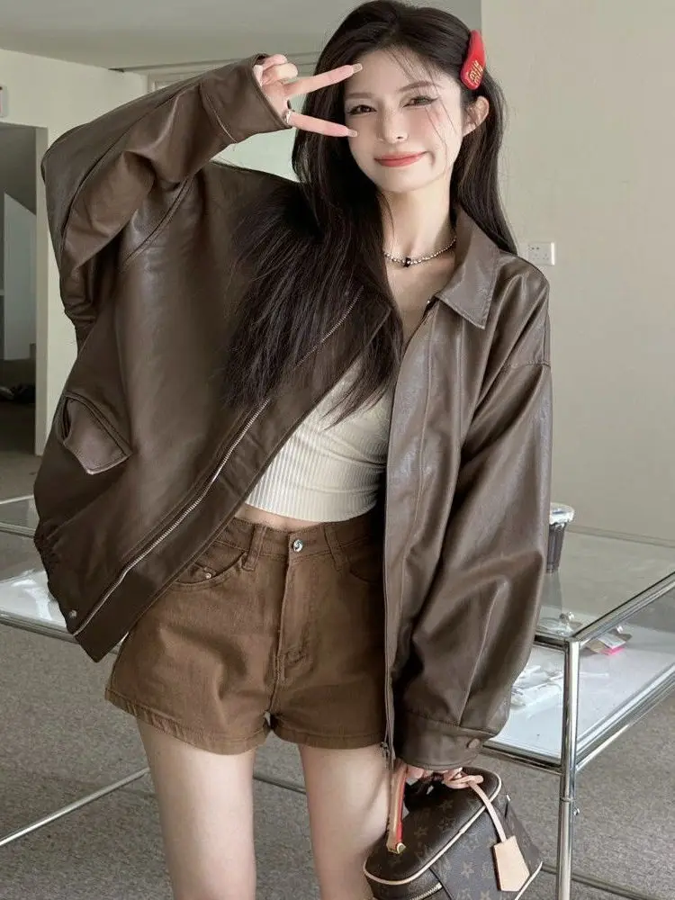 

Retro Brown Leather Jacket Women's Loose Motorcycle Style Coat Autumn Winter New Fashion Korean Version Small Size Trendy