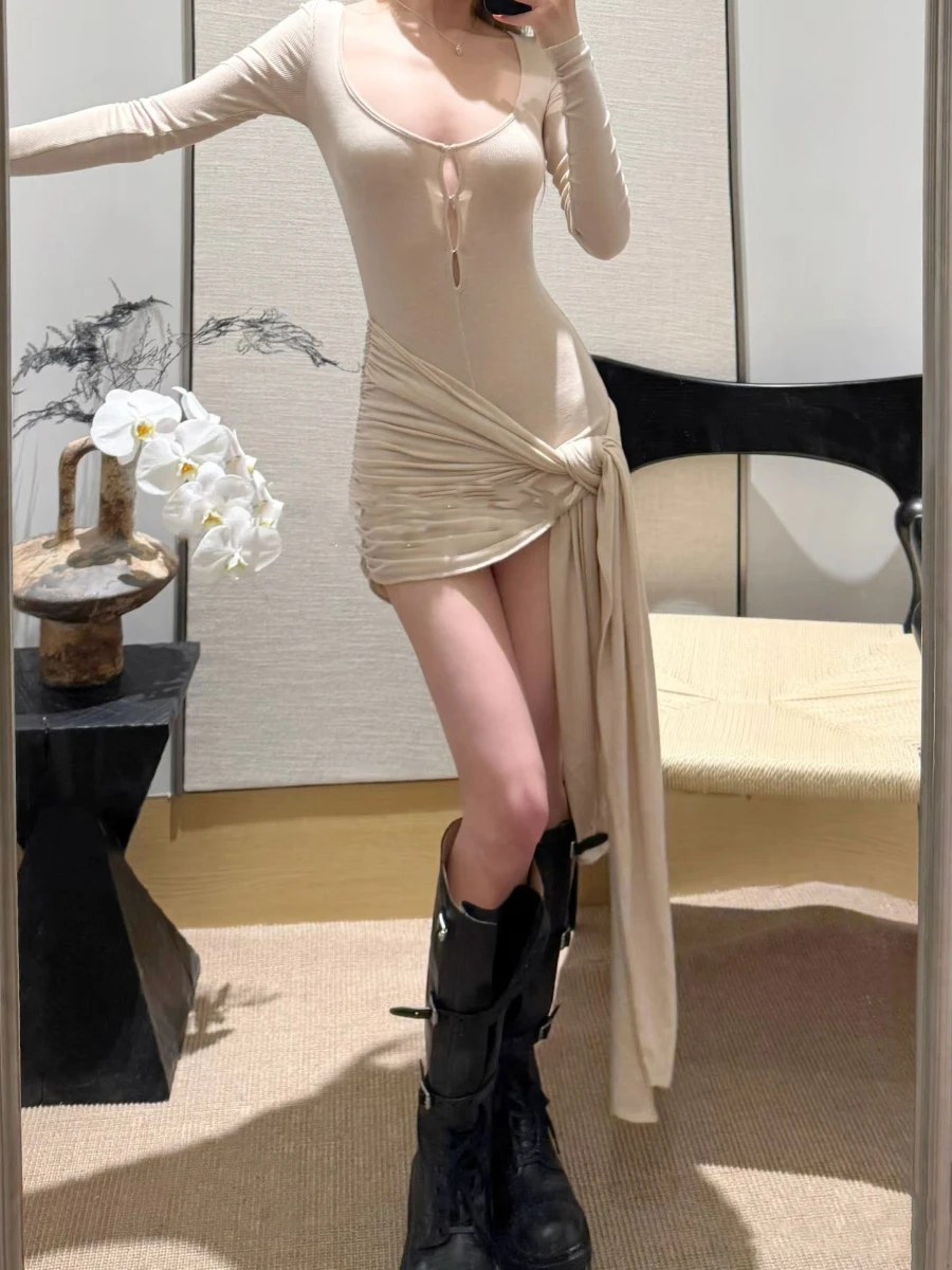 TWOTWINSTYLE Slimming Spliced Lace Up Sexy Dresses for Women Square Neck Long Sleeves Patchwork Folds Mini Dress Female Fashion