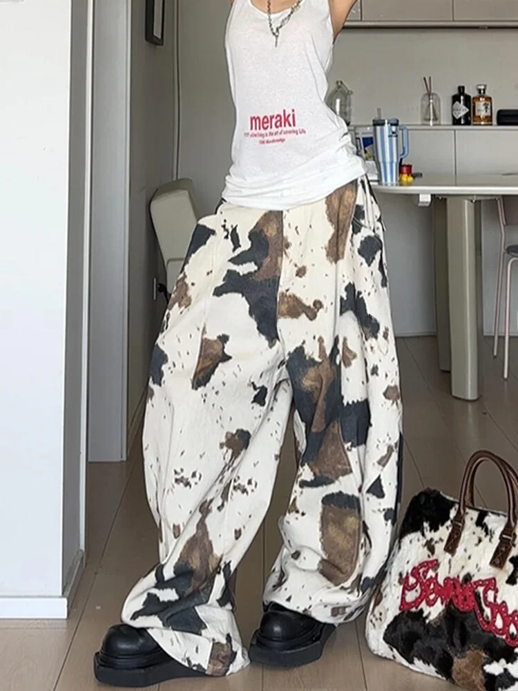 الأمريكية الرجعية الساخن فتاة تصميم المشمش البقرة نمط الجينز فضفاض واسعة الساق الطابق طول السراويل عارضة عالية الخصر الدنيم للنساء