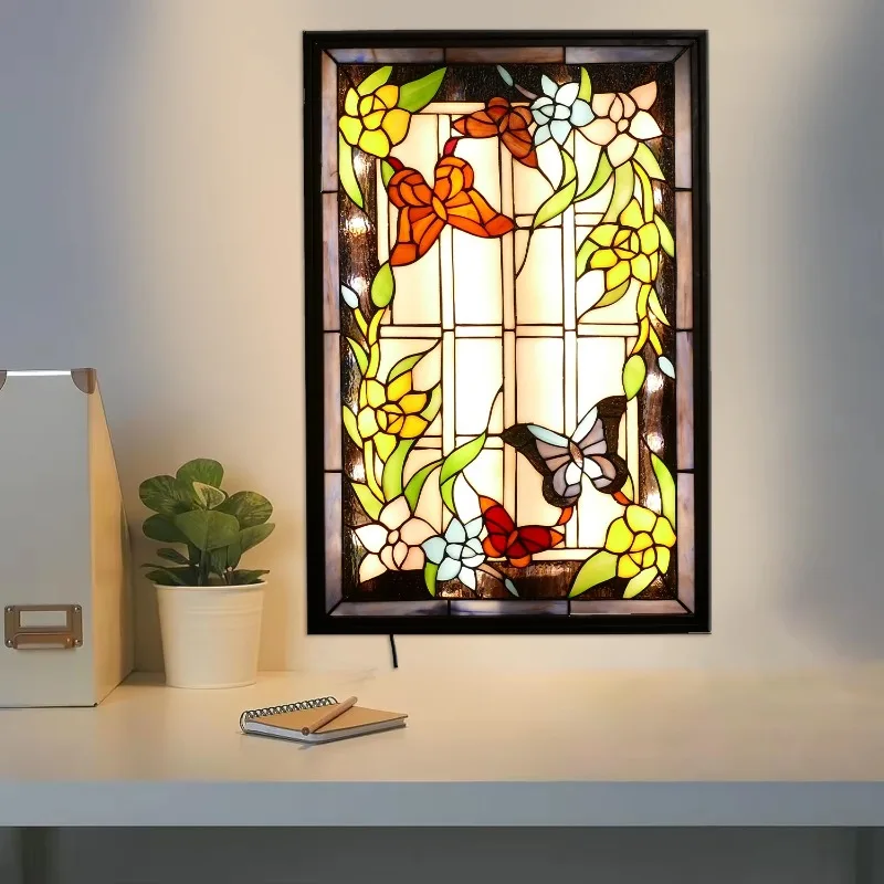 Tiffany stained glass mural lamp corridor study living room background pastoral art butterfly flower decorative lamp
