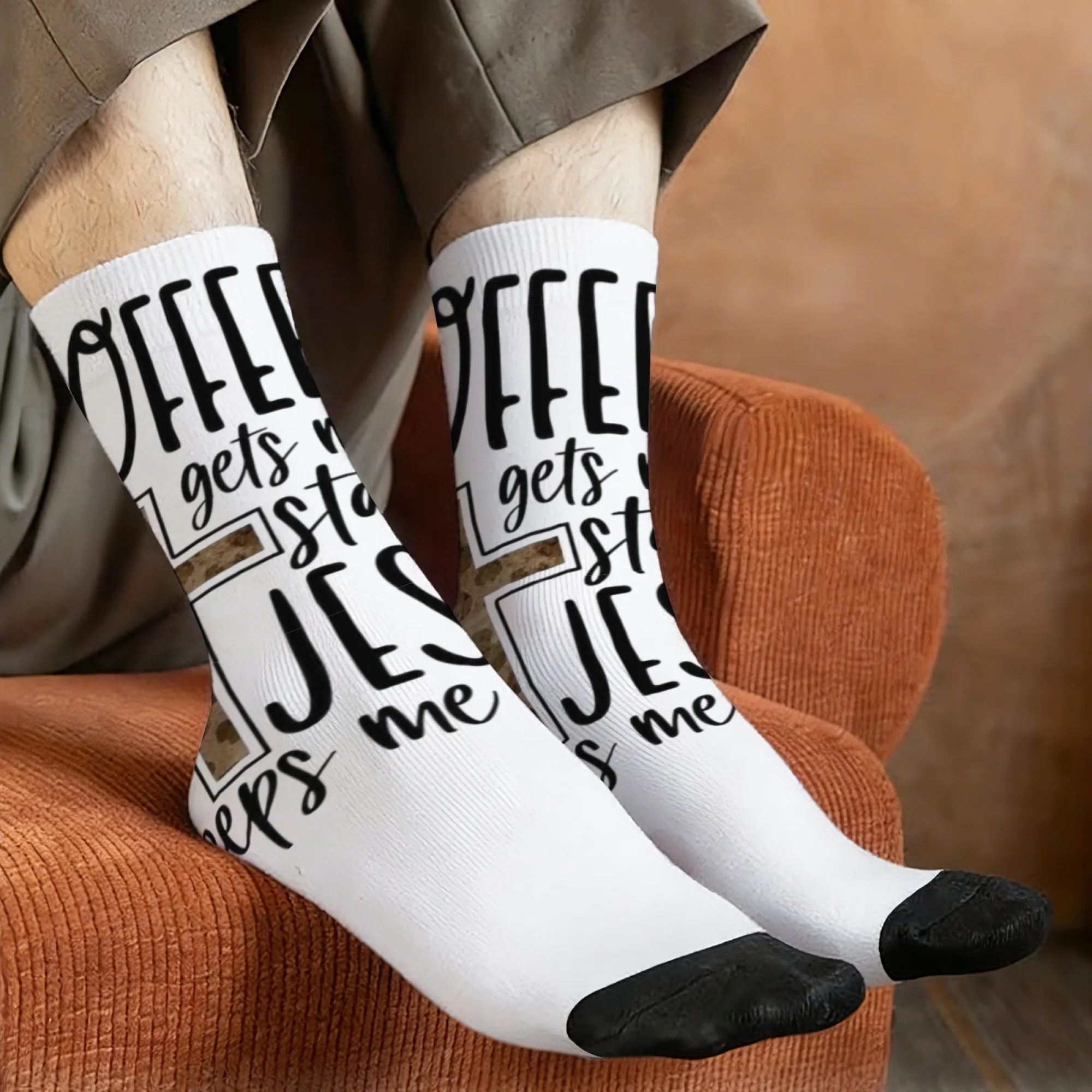Simple and Stylish Work Socks Coffee and Jesus Print Mid-calf Socks Trendy and Comfortable Socks with Holy Religious Theme