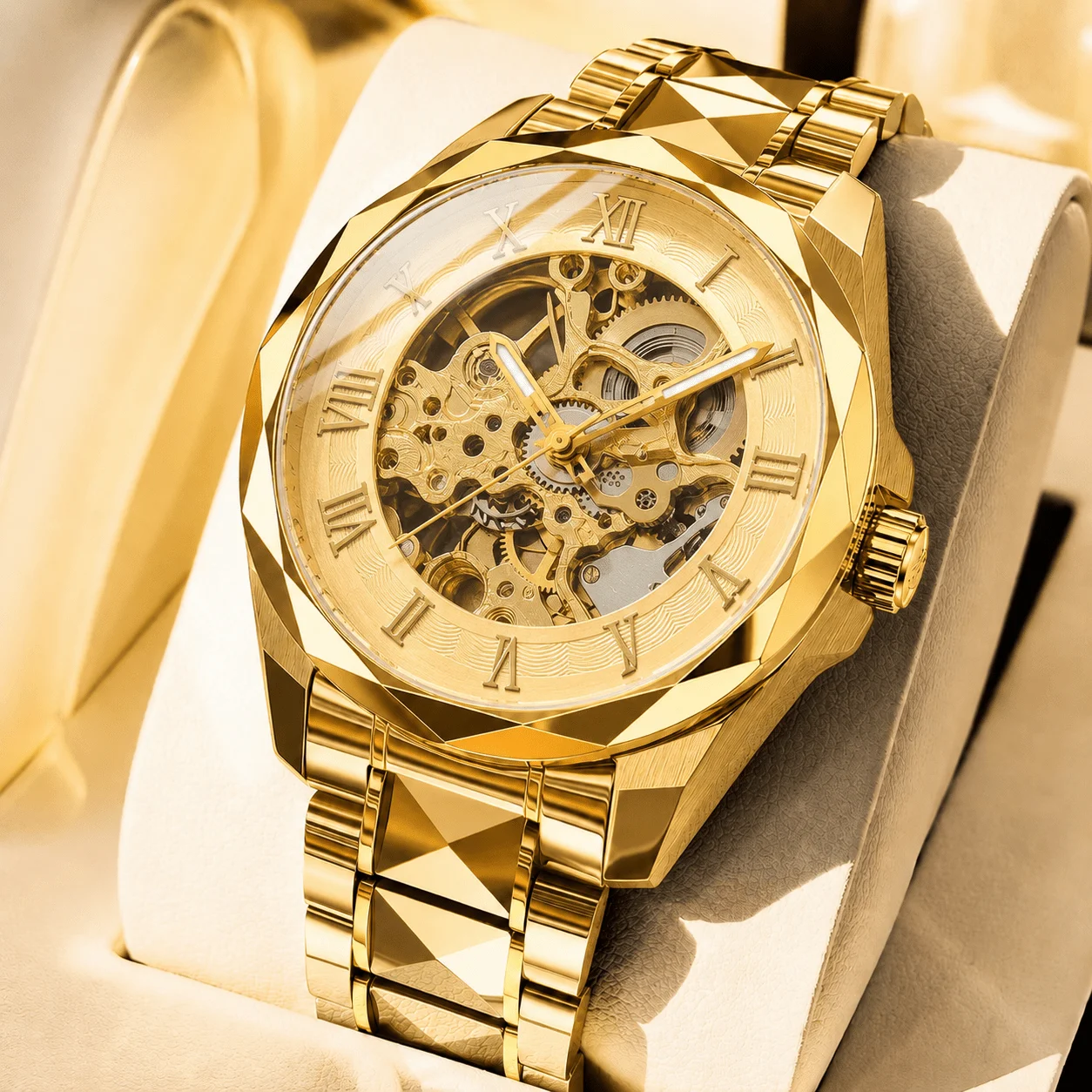 1 orologio meccanico da uomo con cinturino in lega dorata, elegante e adatto per occasioni speciali, perfetto come regalo per feste e vacanze.