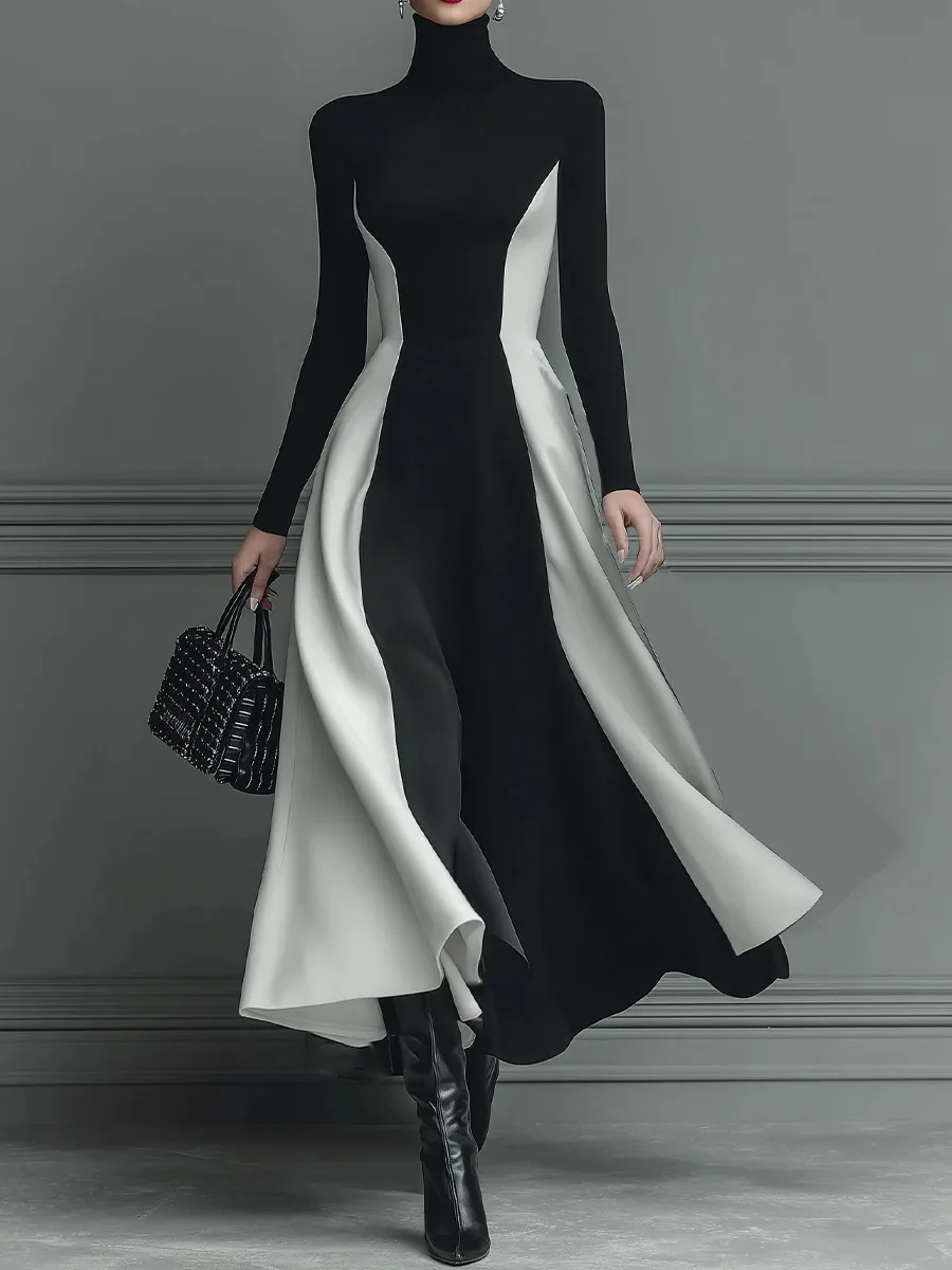 

Elegant Contrast High Waist A-Line Dress Woman Sexy High Collar Party Dresses Fall Casual Long Sleeve Slim Fit Evening Dress