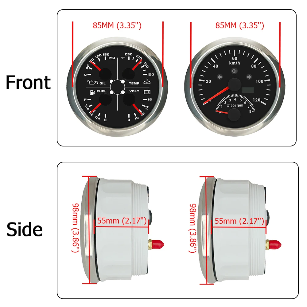 ELING 85mm 4 in 1 Multi-function Gauge + GPS 0-120mph Speedometer 8000RPM Tachometer with Red Backlight for Car Motorcycle Yacht