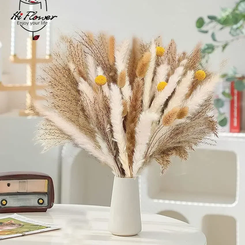 

100pcs Natural Fluffy Dried Flowers Pampas Grass Bouquet Home Decor Golden Ball Wedding Floral Arrangement Christmas Decoration