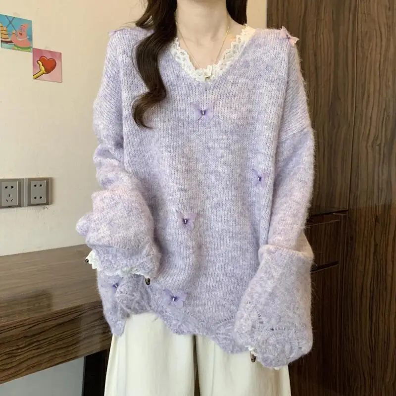 Menina renda borda camisola princesa moda lazer mangas compridas solto de malha anti envelhecimento versátil primavera outono roupas fora