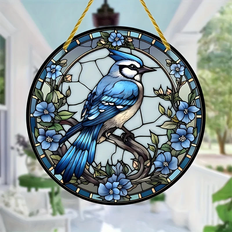 Blue Bird Stained Glass Window Hanging Beautiful Sun Catcher for Home Room Garden Decor Colored Faux Exterior Gift for Mother