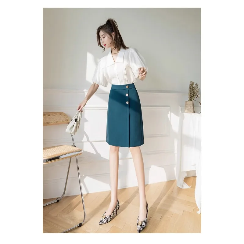 Festa casual da donna in tinta unita nera Una linea da donna a vita alta femminile elegante abiti chic Harajuku Nozioni di base gonna nera con bottoni