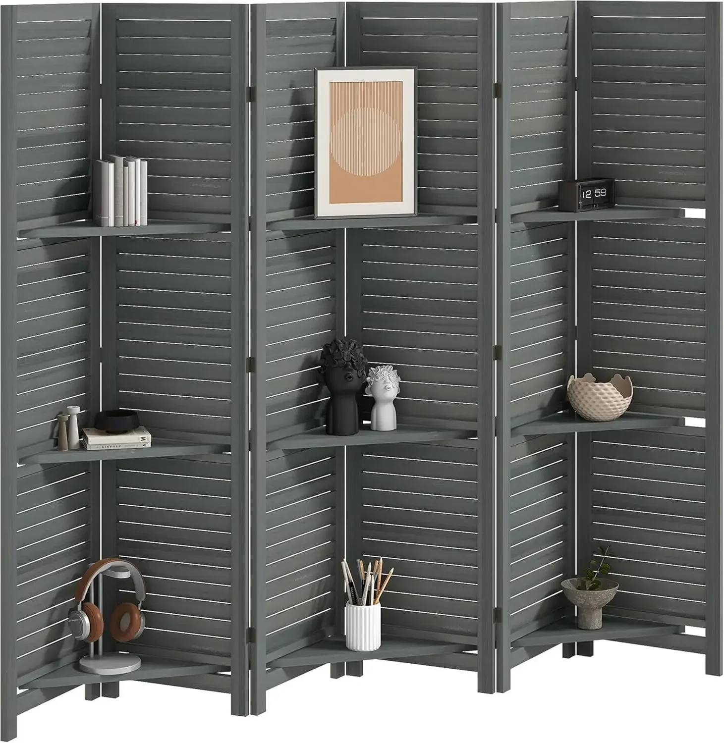 

67 Inch Tall Gray Wood Privacy Screen 6 Panel Folding Room Divider With 3 Display Shelves For Bedroom Home Office