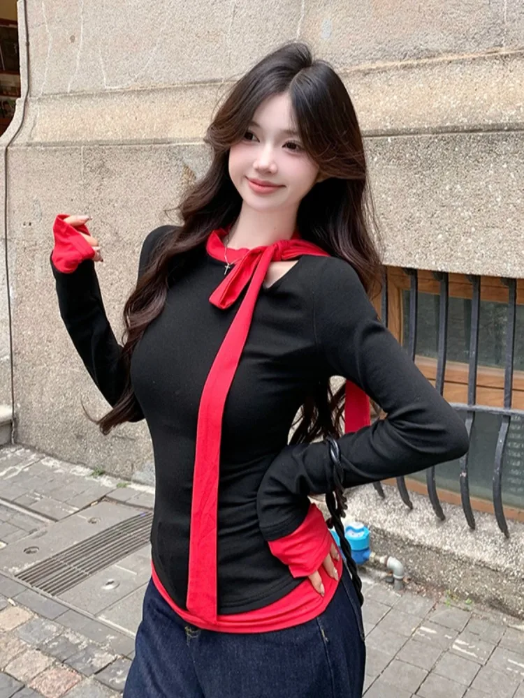 

Women's Knitted Knot Base Shirt Slim Fit Shoulder Bared Splice Winter Fashionable Inner Wear Korean Style Long Sleeve