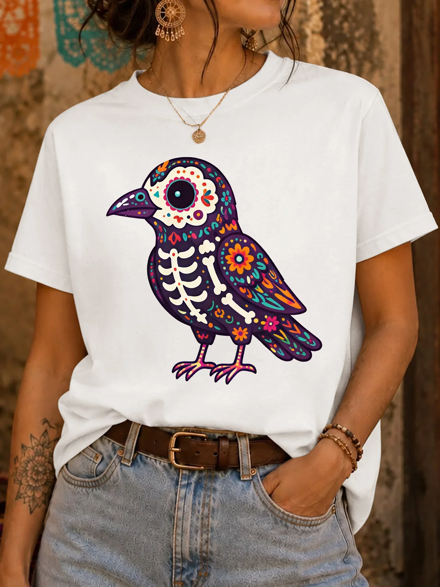 Colorful Day Of The Dead Skeleton Crow Womens Crew Neck Short Sleeve T Shirt Floral Animal Graphic Tees For Ladies Daily Wear