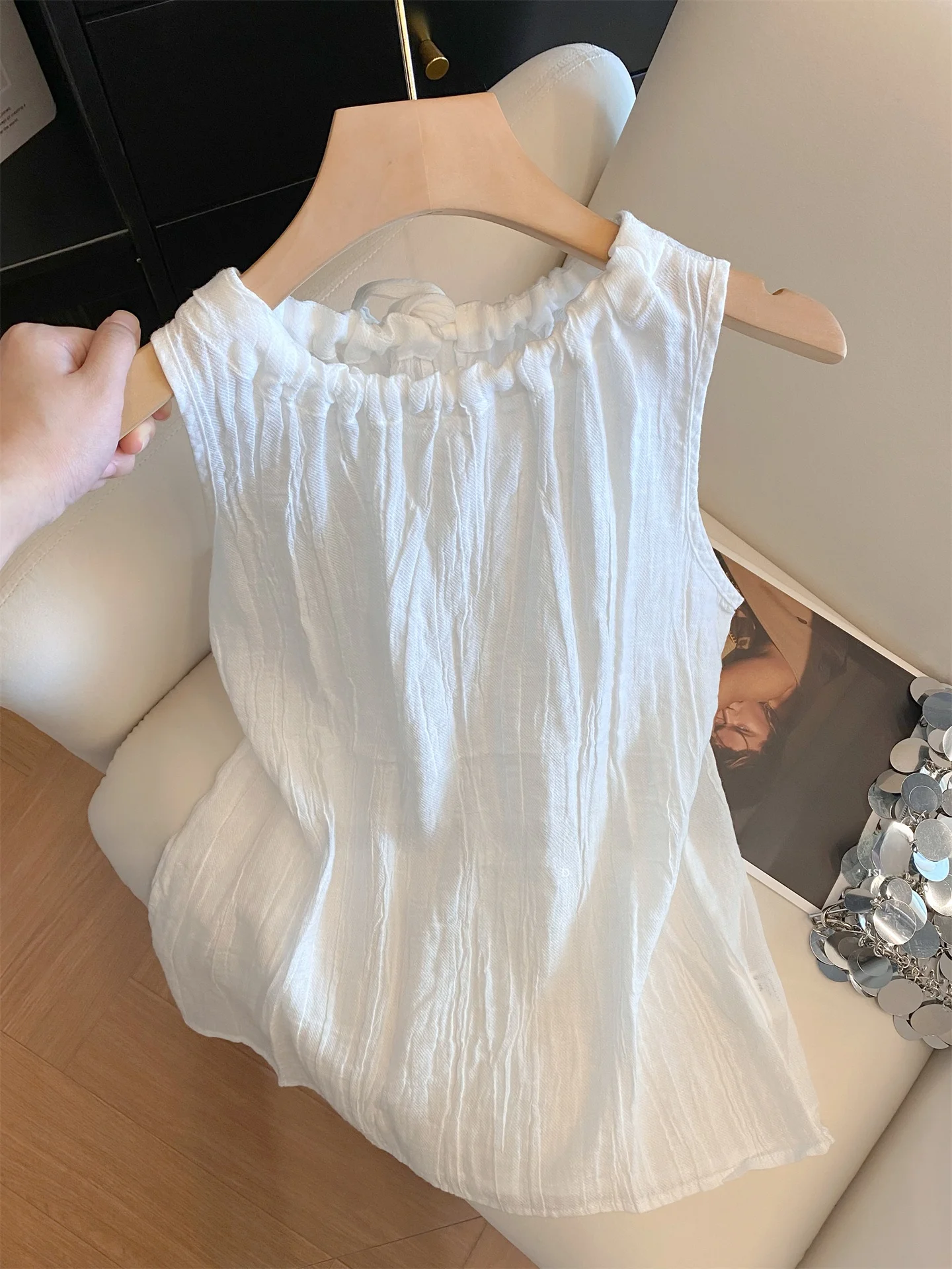 

White Loose Sle round Ne Svel Chiffon irt Women's Summer New Faion Beautiful Top Commute Sle High Waist Design