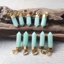 FUWO Wholesale Natural Amazonite Hexagonal Prism Pendant,Golden Plated Stone Accessories For Women Jewelry Making 5Pcs/Lot PD124