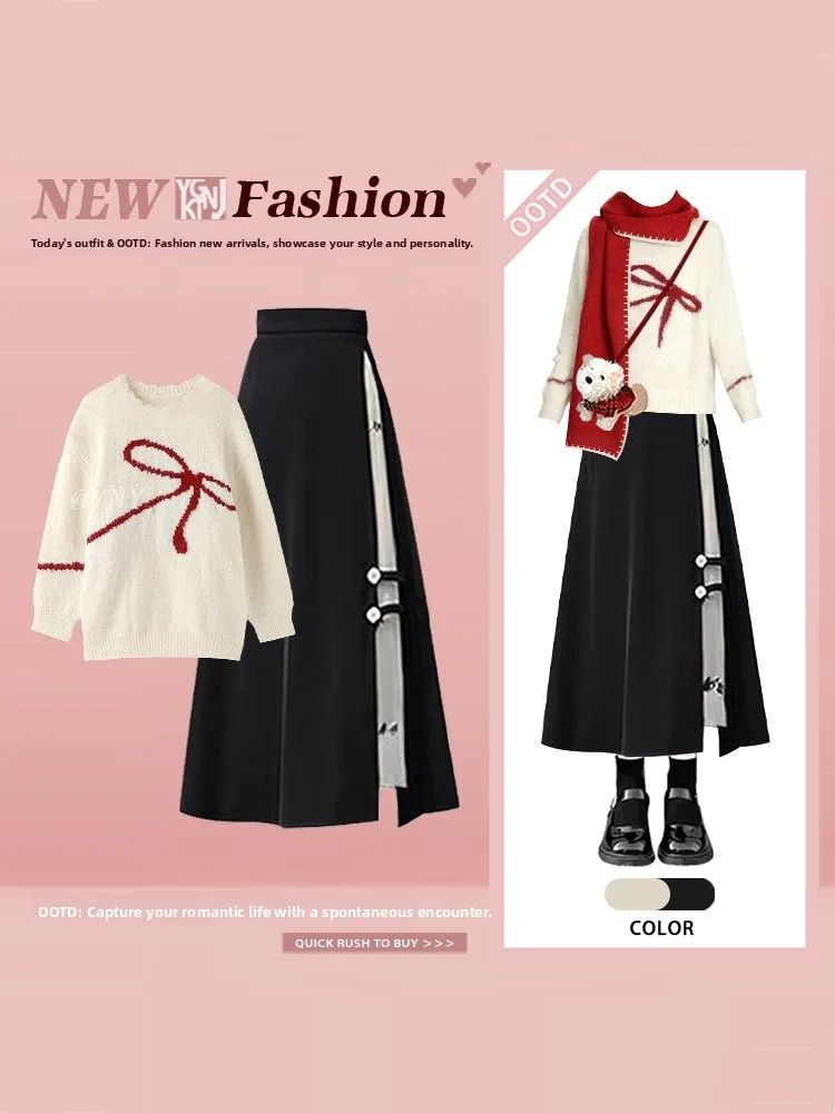 

Korean Sle Anti-Aging Aosphere Knot round Ne Knitted Sweater f Skirt Women's Loose Personali Two-Piece Set