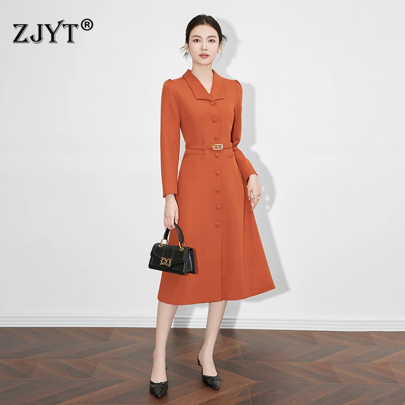 ZJYT Designer Fashion Women\'s Autumn Dress Long Sleeve Solid Single Breasted Buttons Midi Aline Dress Office Lady Vestidos Black