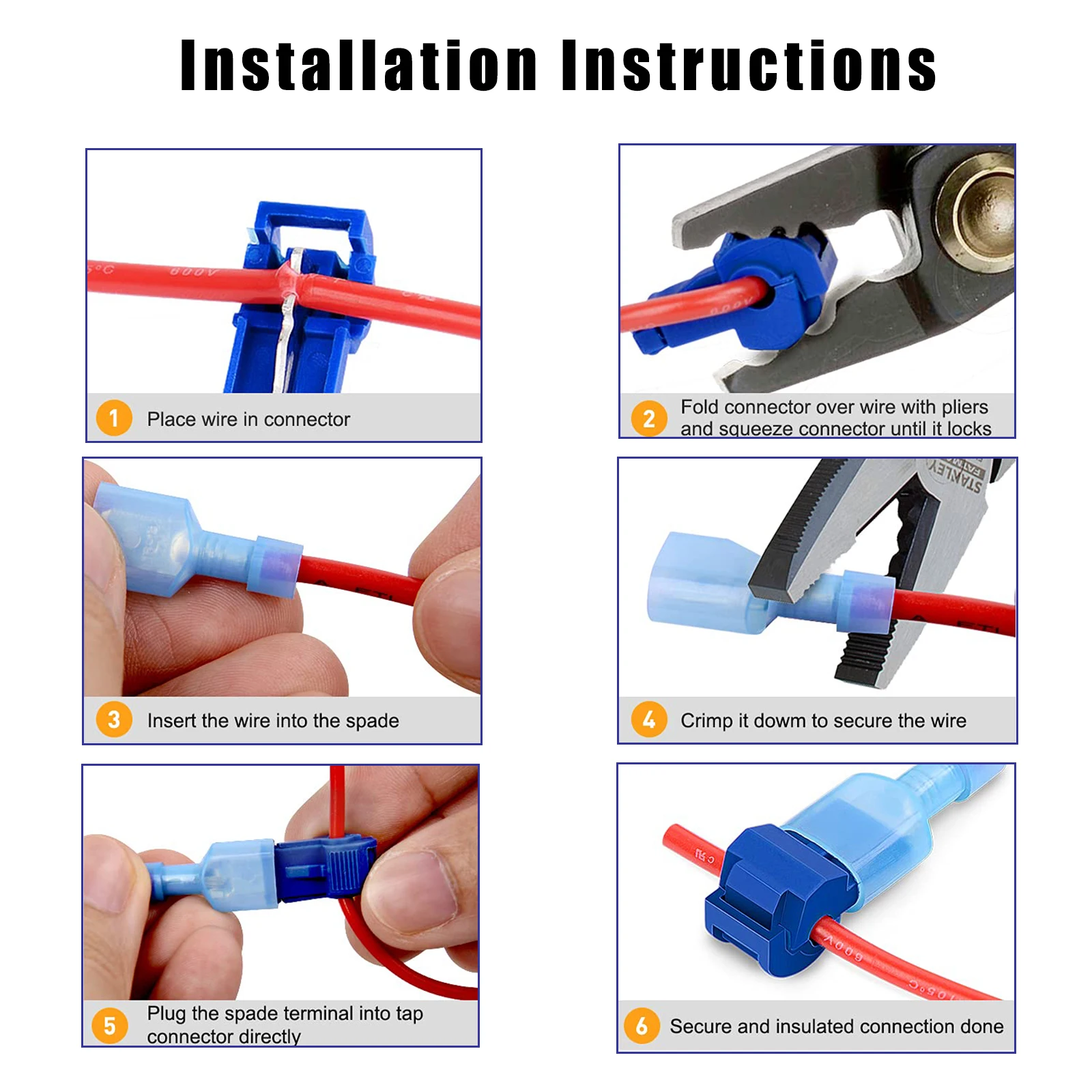 60pcs T Tap Quick Cable Connectors Self-stripping Electrical Snap Wire Splice Lock Terminals Crimp