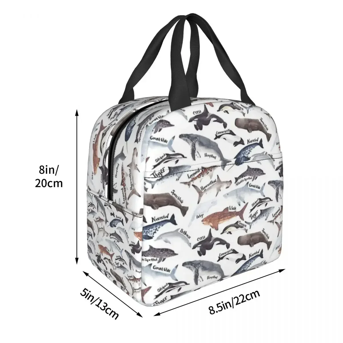 Types Of Whales, Sharks And Dolphins Watercolour Insulated Lunch Bags Picnic Bags Thermal Lunch Tote for Woman Work Kids School