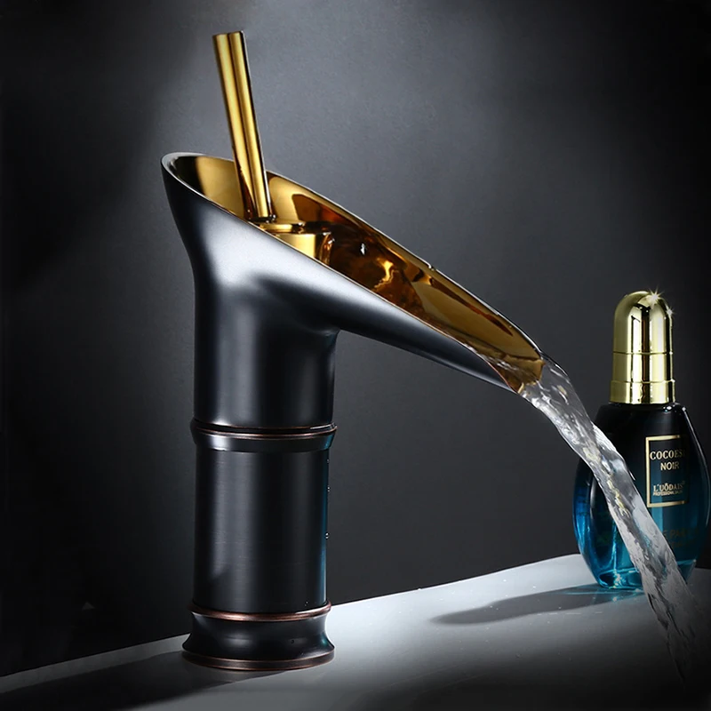 

Black Gold Bathroom Waterfall Faucet Basin Faucets Hot And Cold Antique Bronze Bathroom Sink Faucet Gold Faucet Mixer Water Taps