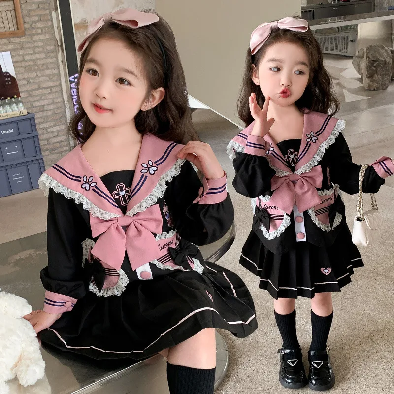 

Kuromi Child Suit Sanrios Spring Autumn New Pleated Skirt Long Sleeves Children's Clothing Princess Cotton Kawaii Cartoon