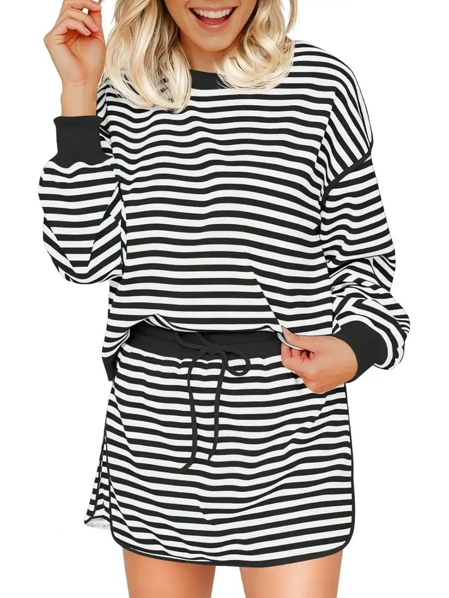 

Striped Drop Shoulder Sweatshirt And High Waist Skort Skirt Two Piece Set For Women