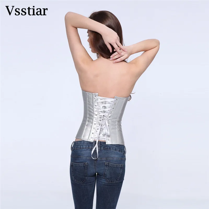 Vsstiar Silver Gold Bright PU Corset For Women Off Shoulder Bodycon Tanks Top Sexy Strapless Party Clubwear Bustier Tops S-6XL