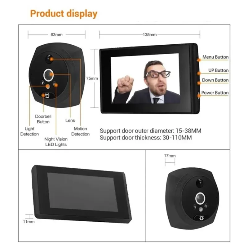 4.3" Inch Motion Detection Monitor Digital Video Peephole Camera NightRinger Doorbell Video Security Recording Access Control