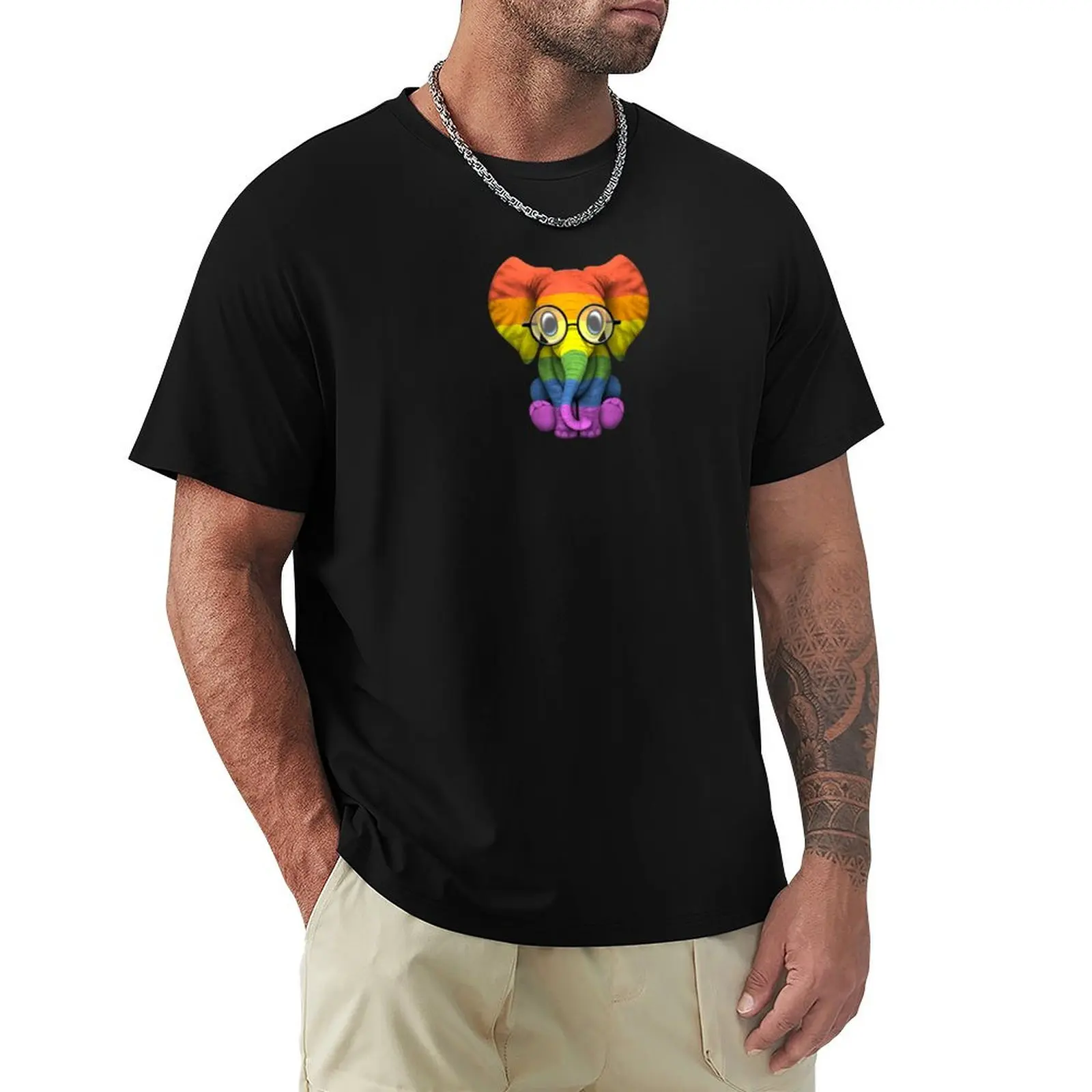 

Baby Elephant with Glasses and Gay Pride Rainbow Flag T-Shirt fashion shirts custom shirt compression shirt men