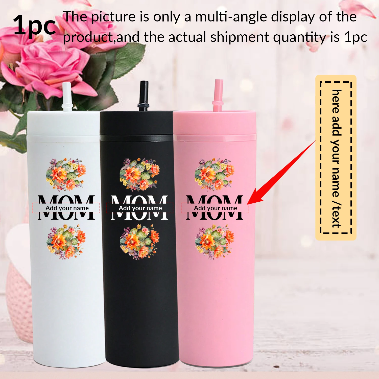 20oz Customized Name Party Water Bottle with Lid Straw Print Cactus Mother's Day Gift Cold Hot Insulated Drink Cups Gift for Mom