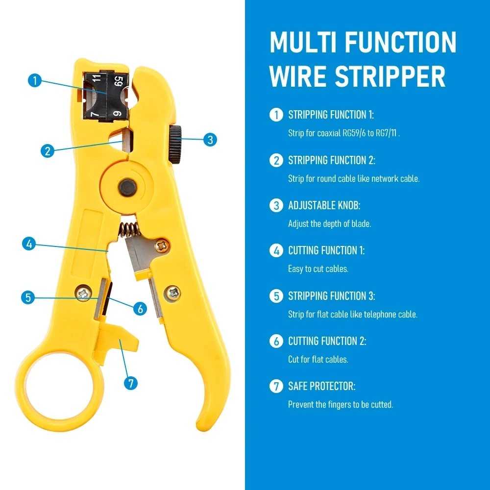 Multifunctional Wire Pliers Yellow Rotary Wire Stripper Adjustable Distance STP/UTP Network Cable Coaxial Wire Stripper Tool