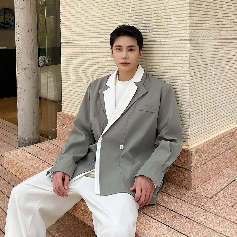 Blazer Hombre Spring New Fashion Splicing Color Double Collar Simple Men Blazers Jackets Loose Casual Coats Man Clothing Black