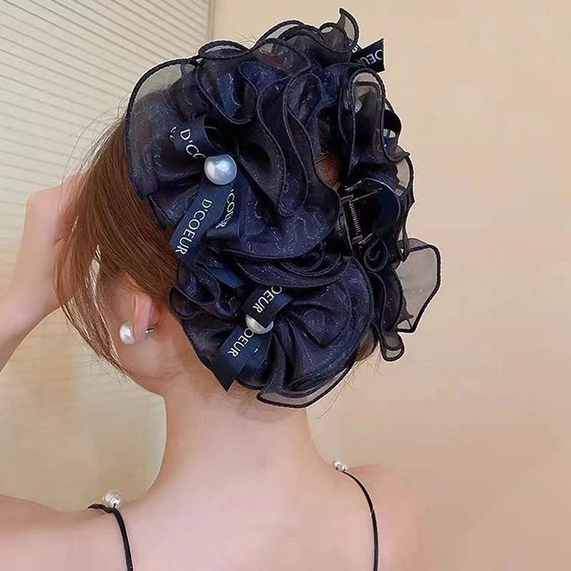 Clip de agarre de perla con lazo dulce y negro para mujer, cuchara trasera, estilo de pelo, Clip de tiburón, accesorios para el cabello