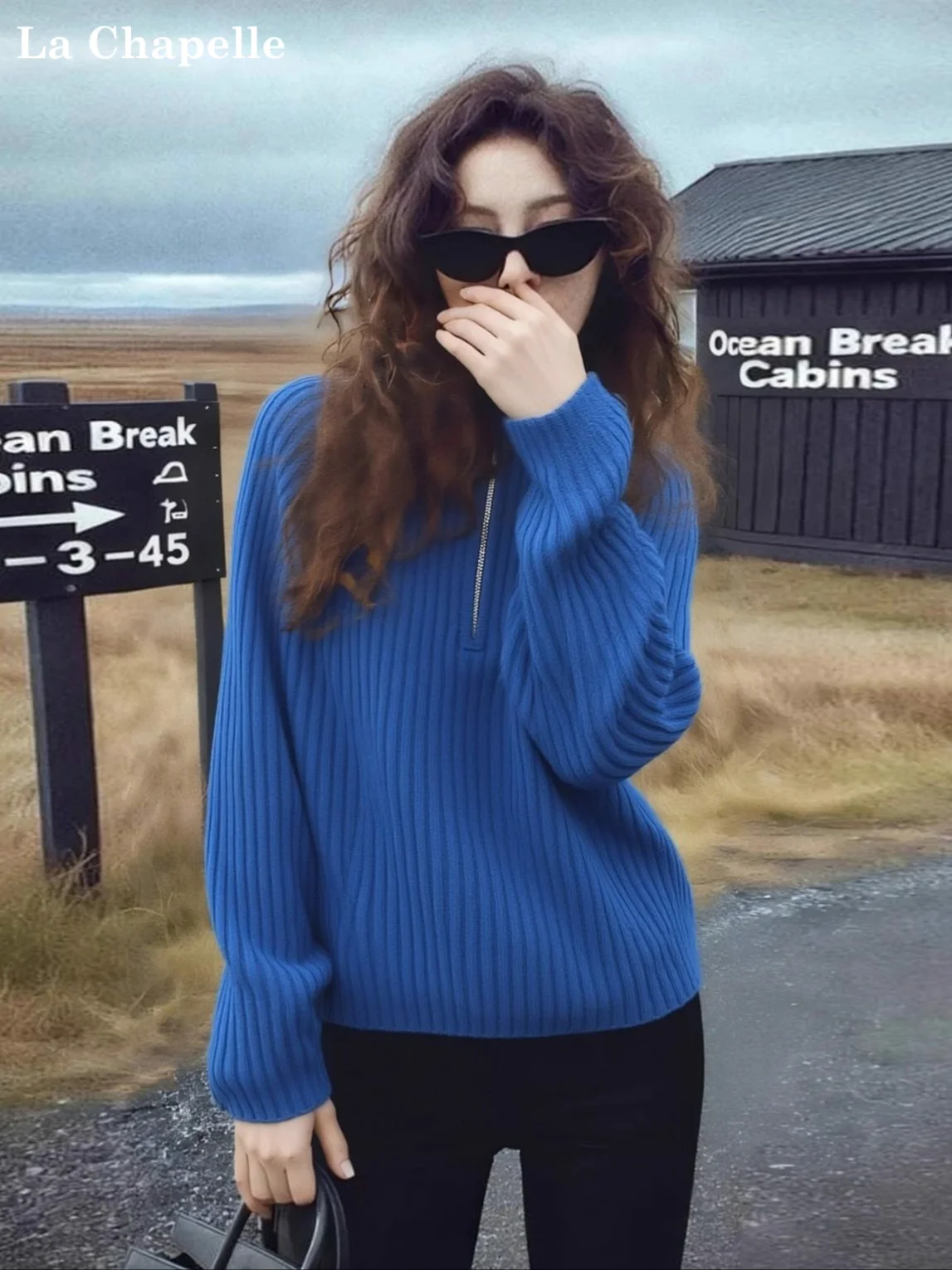 

La Chapelle Women's High Ne f Zip Knitted Sweater Korean Sle Loose Fit Long Sve Warmth Emitting Klein Blue Lazy Chic