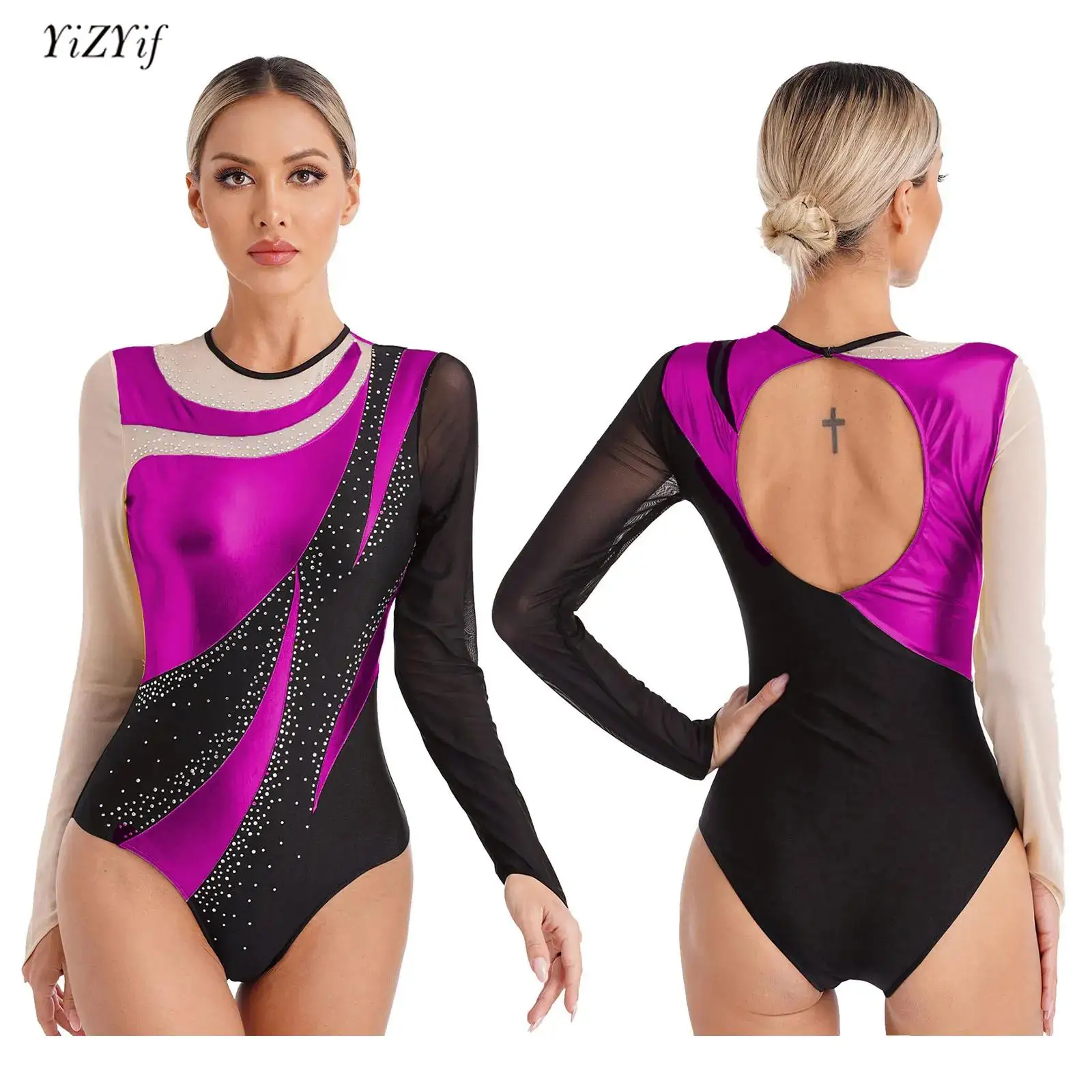 

Womens Gymnastics Leotard Sheer Mesh Patchwork Skating Ballet Dance Bodysuit Long Sleeve Shiny Rhinestones Jumpsuit+Shorts Sets