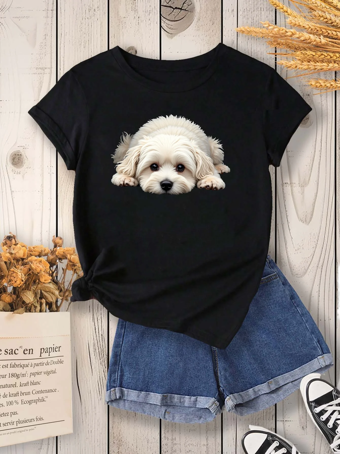 T-Shirt col ras du cou pour femmes, imprimé chien maltais mignon, vert vif, extensible moyen, manches Harajuku, été décontracté