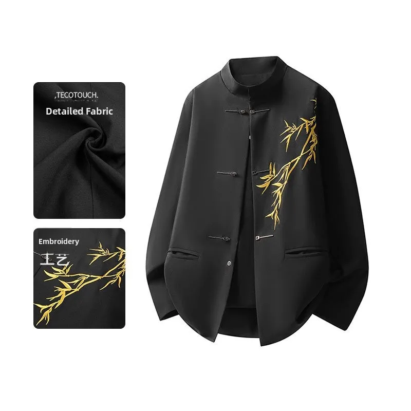 

Новая китайская вышитая куртка-жакет для мужчин с подплечниками, однотонная синяя, костюм Zhongan, высококачественная, весенне-осенняя, с воротником-стойкой