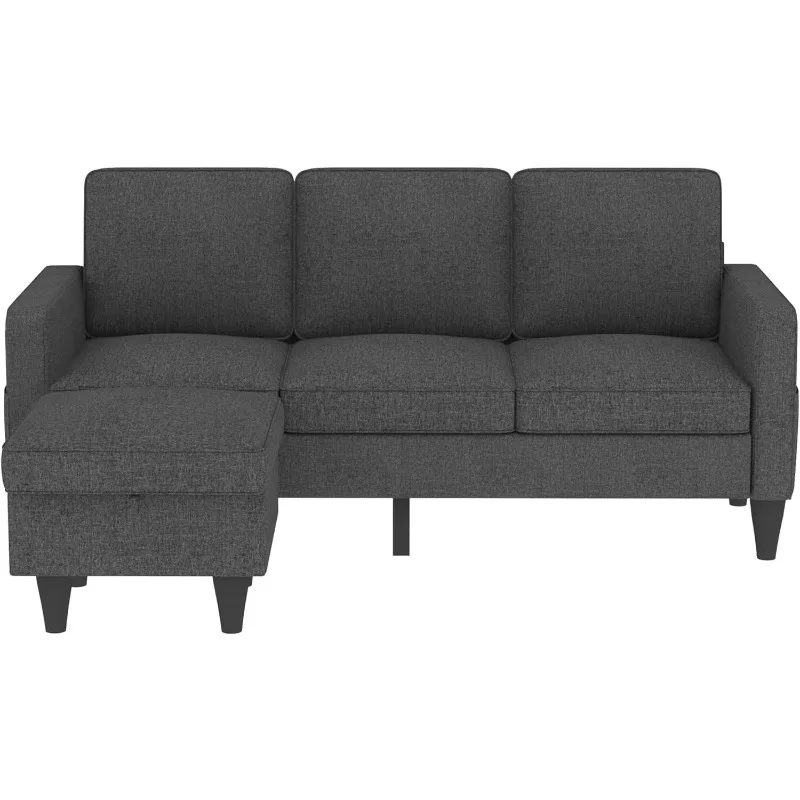 Convertible Sectional Sofa Couch, Light Grey 3 Seat L-Shaped Sofas with Movable Ottoman, Modern Linen Fabric Couches