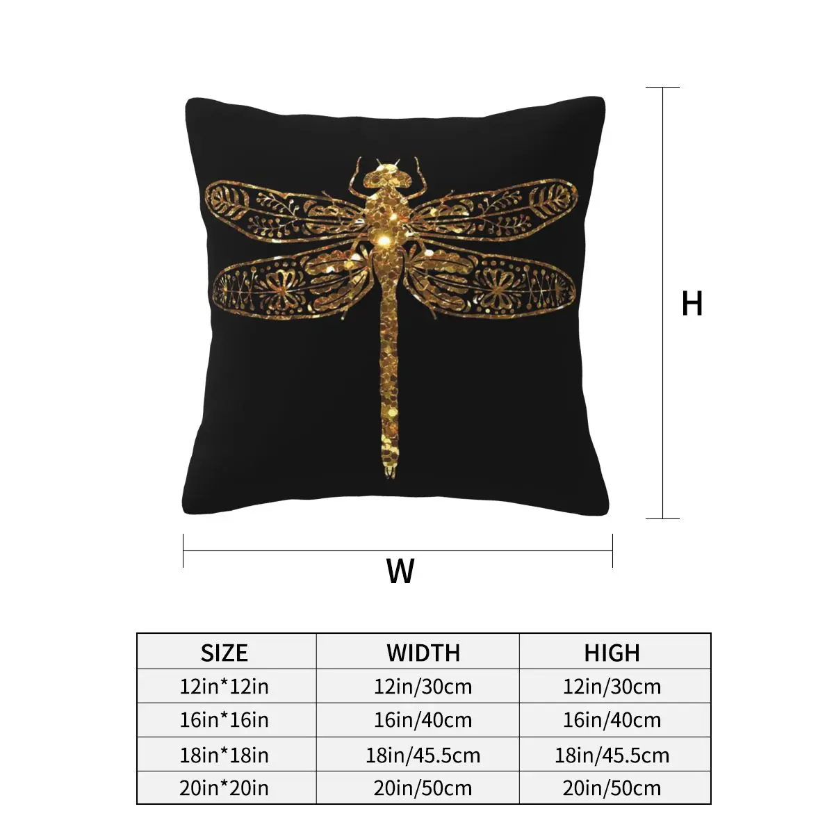 Fancy Gold Glitter Dragonfly Square Pillowcase Cushion Cover Pillow Case Throw Pillow Cover for Home Bedroom Car