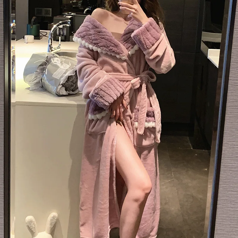 Thicken Coral Fleece Kimono Bathrobe Gown Nightdress Autumn Winter Nightwear Lady Warm Home Clothes Princess Style Loungewear