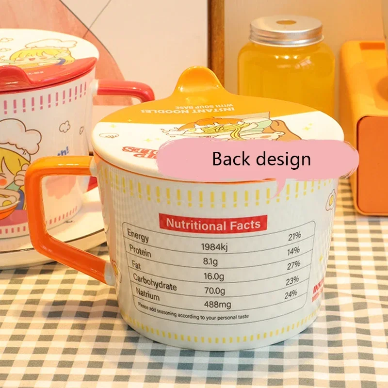 Cartoon Instant Noodle Ramen Bowl with Cover 950ml Salad Bowl Ceramic Soup Handle Cup Student Office Lunch Box Boy Girl Cozinha