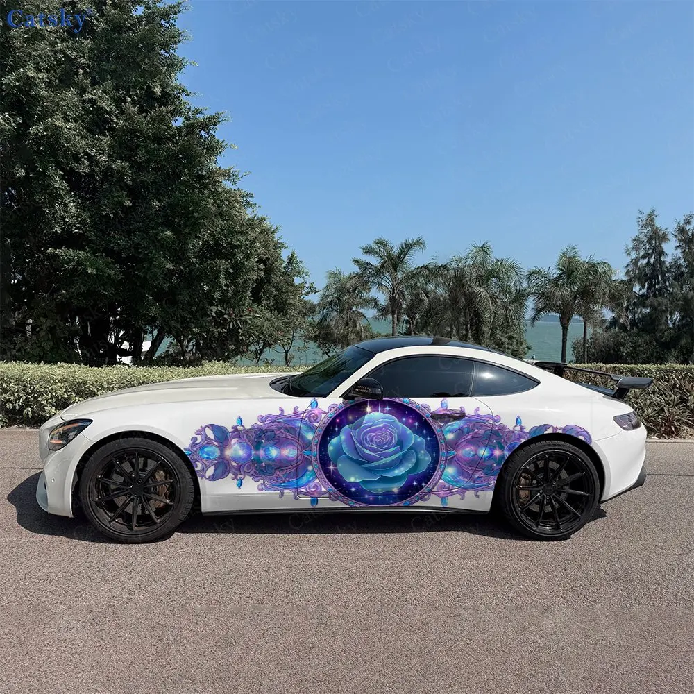 2pcs Iridescent Galaxy Rose Car Side Wraps, Self-Adhesive PVC Waterproof & Scratch-Resistant Stickers, Car Accessory Gift
