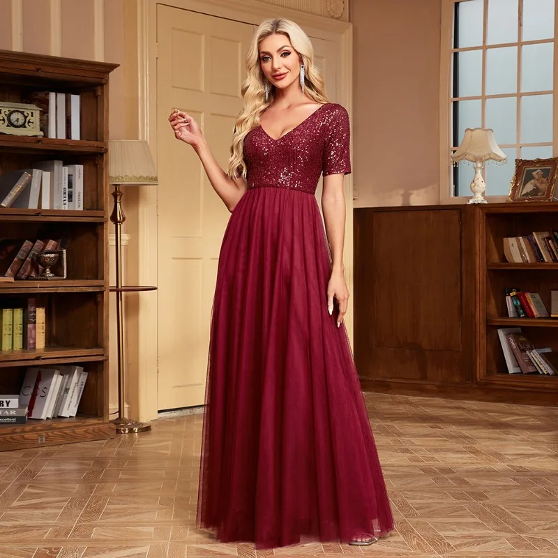 New Women's Elegant Short Sleeved Patchwork Double V-neck A-line Sheer Evening Dress with Sequins European and American Dress