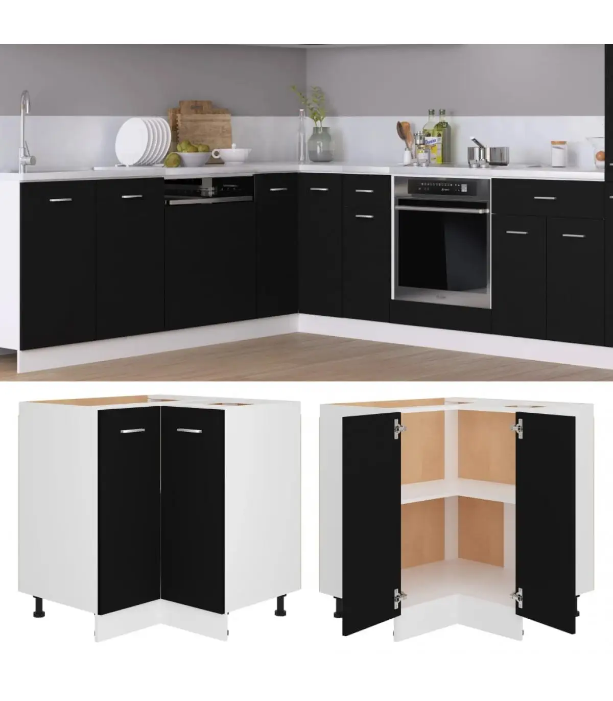 Kitchen cabinets lower corner black plywood cabinet 75,5x75,5x80,5 cm