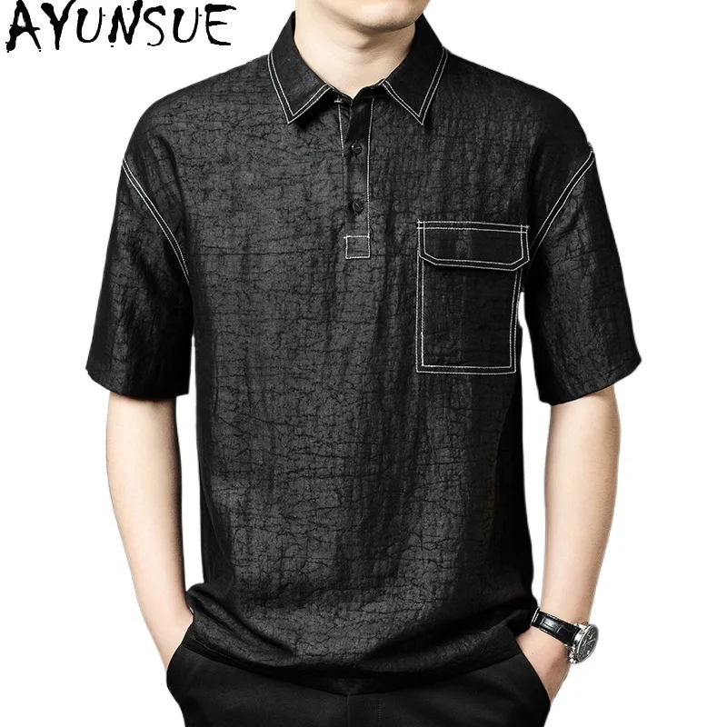 

AYUNSUE 2026 Summer 100% Real Mulberry Silk T Shirts for Men Clothing Fashion Short Sleeve Tops Gauze Silk Tee Shirt Casual