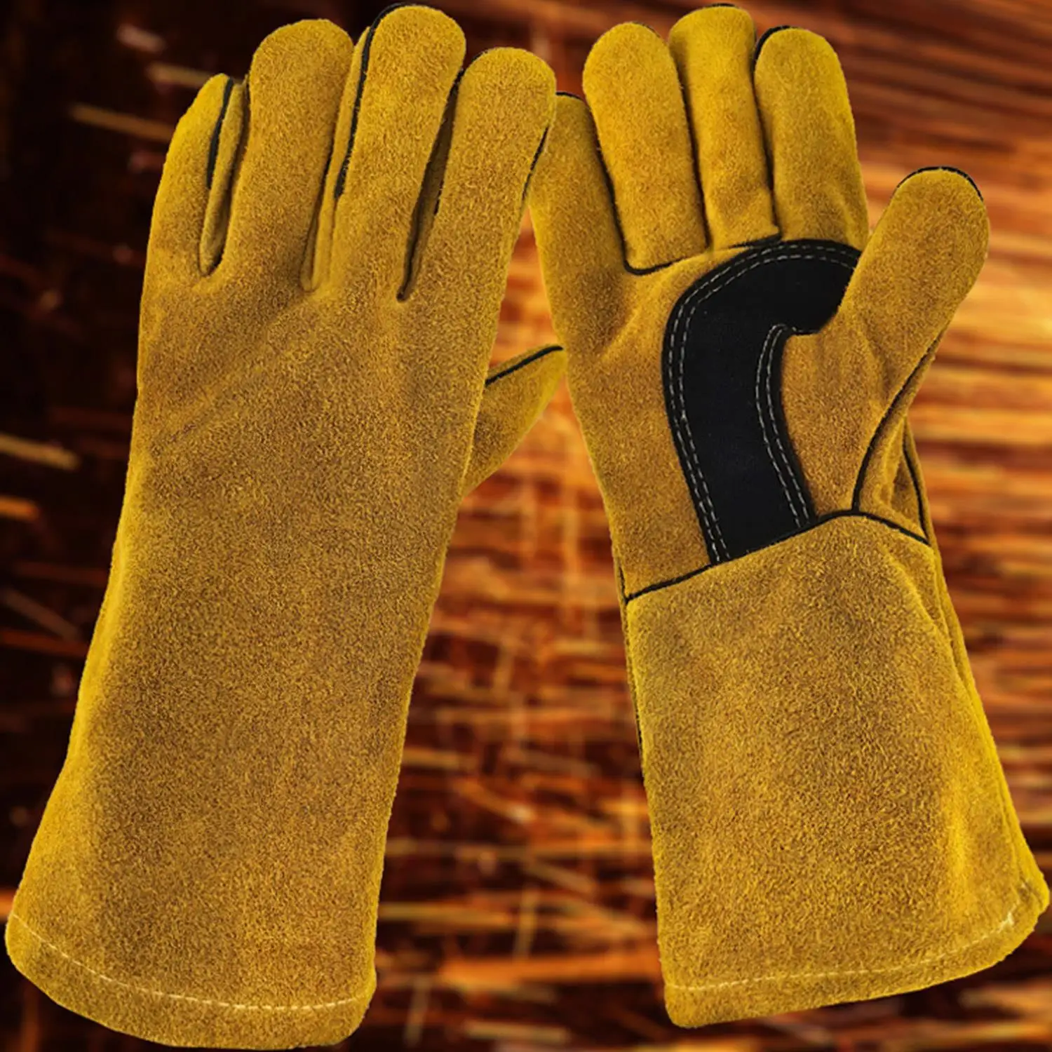 Outdoor Long Anti-scalding Gloves Cowhide High Temperature Heat Insulation Oven Gloves Protective Gloves for Camping and Barbecu