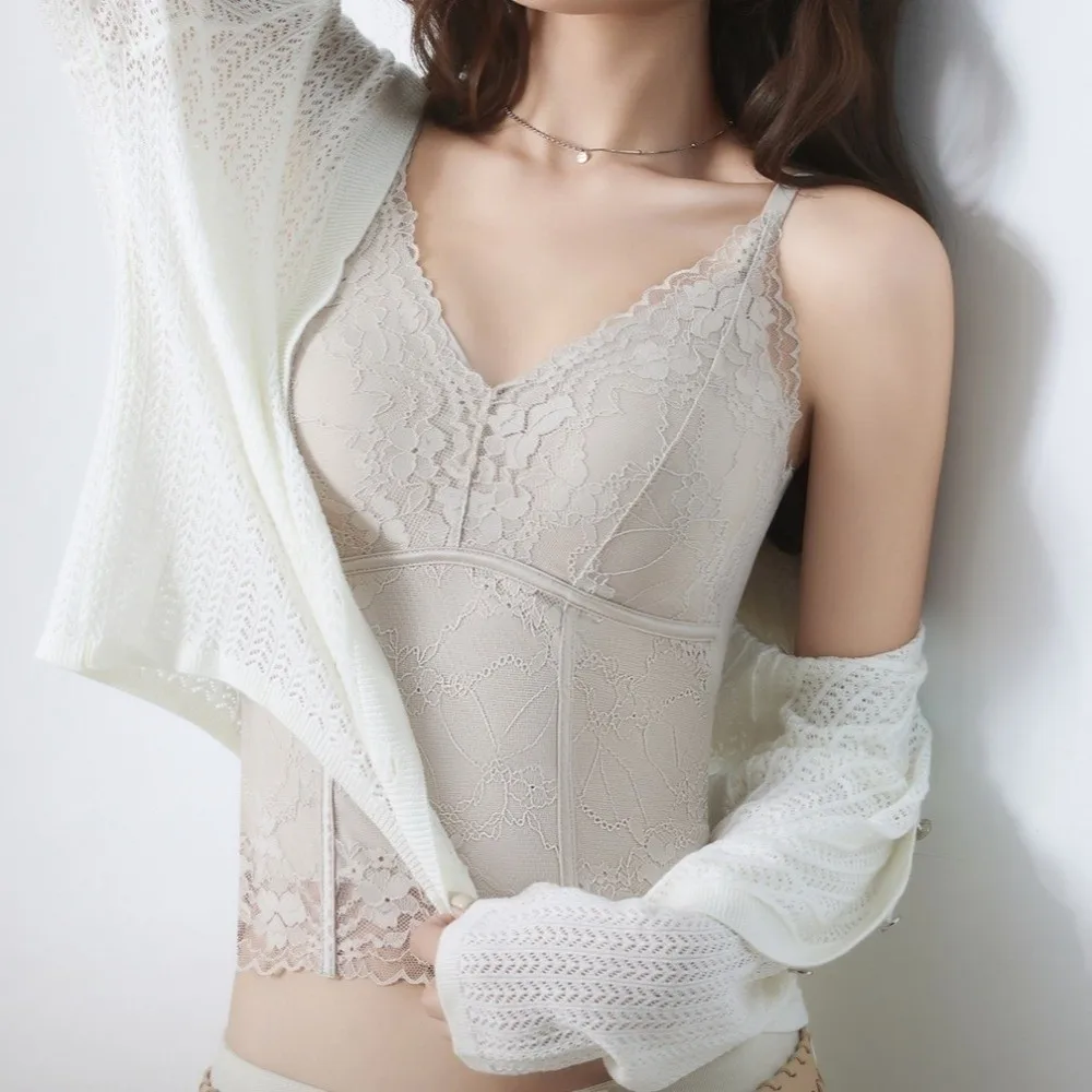 

Mesh Flower Slim Lace Crop Top Slim Fit Bottoming Shirt Girl's Lace Vest Top Traceless Spicy Girls Style Camisole with Pads