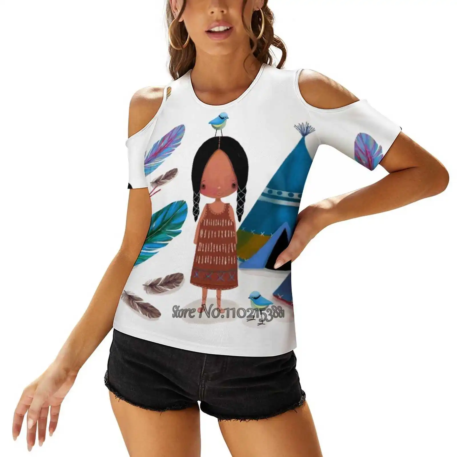 The Feather Tree Sexy T-Shirt Casual Tops One Shoulder Lacing T Shirts Korean T-Shirts Ti Pi Folklore Teepee Indian Feather The