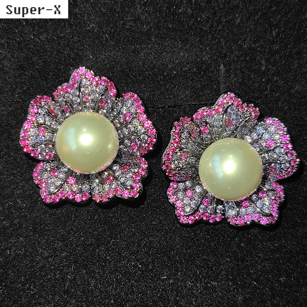 

zircon flower stud earrings pearl fushia purple blue floral stud earrings for women luxury shiny jewelry dinner party daily wear