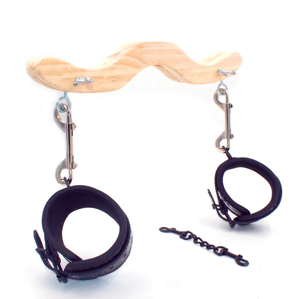 Scrotal Bondage Fixture Set - CBT Ball Stretcher with Foot Cuffs Wooden Humiliator Cock & Ball BDSM Sex Slave Toys for Couples