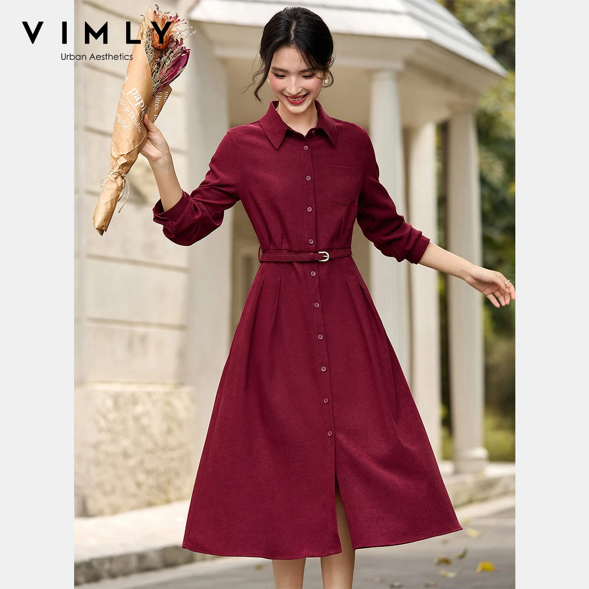 VIMLY Woman Red Long Dress French Style Turn-down Neck Sashes Dresses 2025 Autumn Vintage Button Straight Ladies Dress A2790