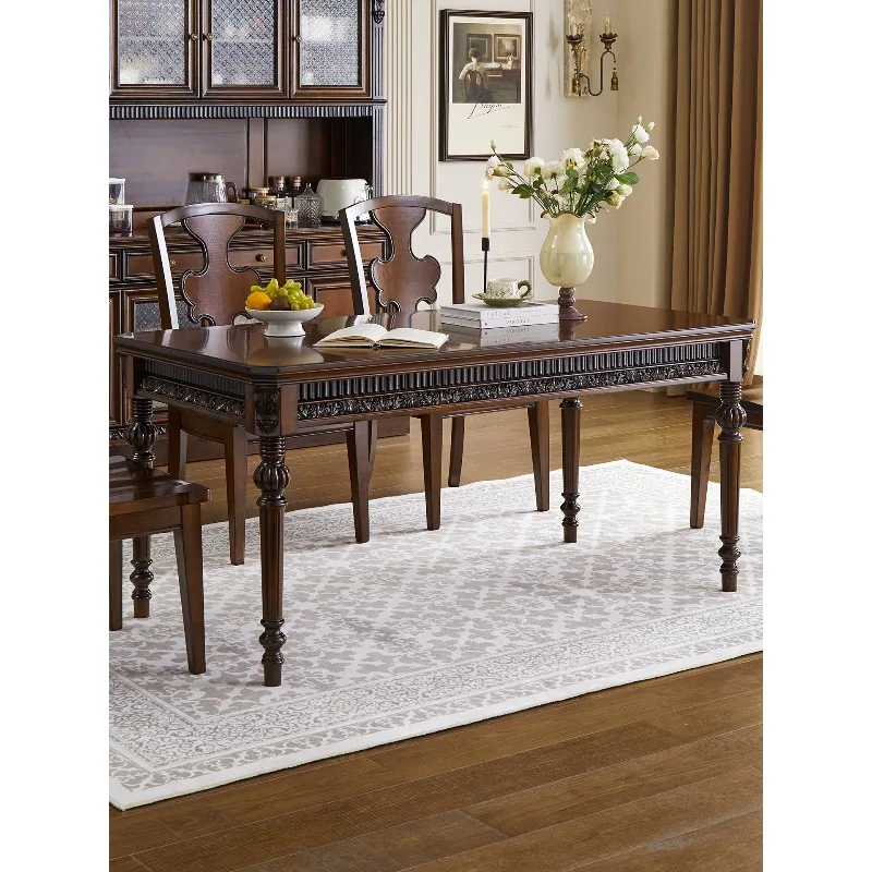 American pure solid wood dining table and chair combination carved whole log rectangular villa large dining room family dining t